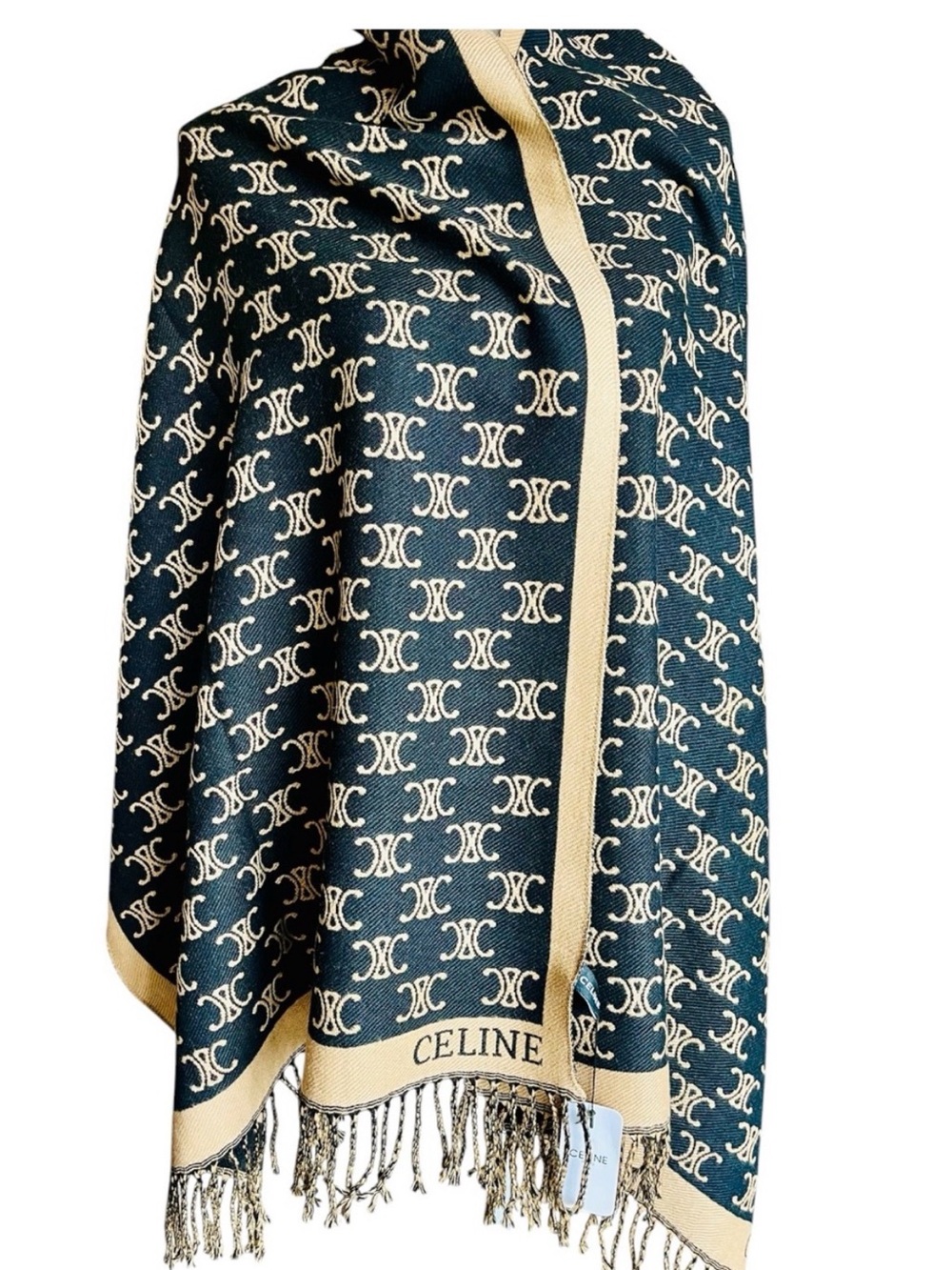 New Cashmere Silk Blend Double Sided Monogram Fringe Oversized Shawl Wrap 72x26 - Picture 5 of 10
